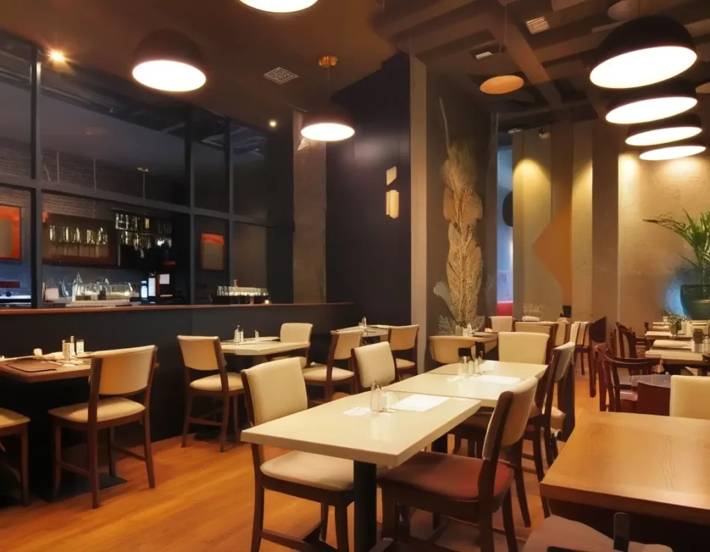 A restaurant wall design enhanced with strategic lighting to create a warm and inviting ambiance