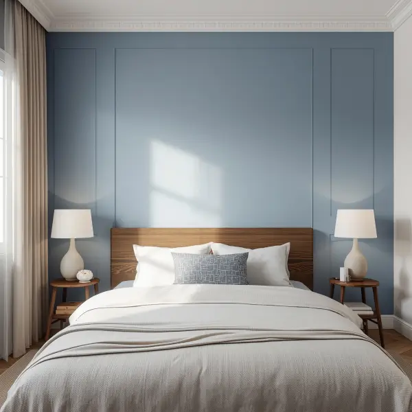 Minimal bedroom interior with soft blue wall, wooden bed, and neutral decor