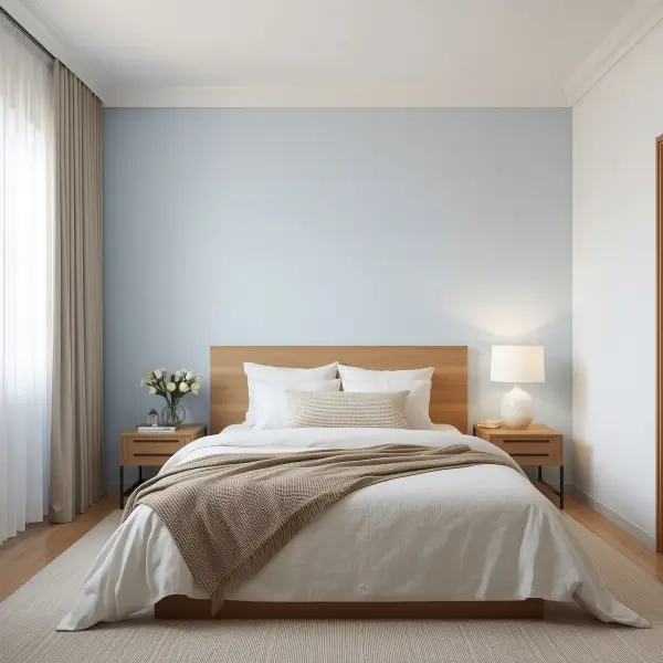 Modern bedroom with blue accent wall, wooden bed, and white bedding