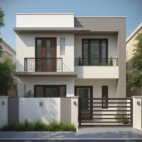 Modern farmhouse exterior with white walls, blue door, and wooden accents