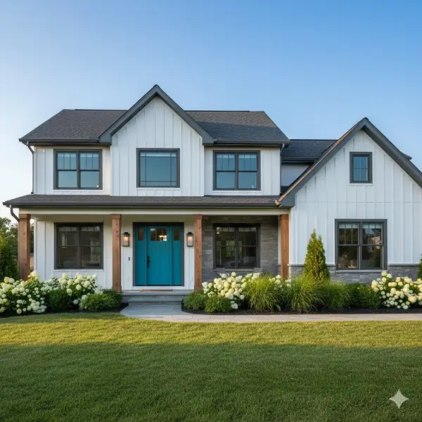 Contemporary house exterior with grey and white colour combination and modern balcony design