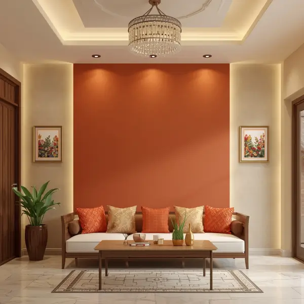 Modern hall interior with terracotta wall colour combination, rattan furniture, and warm ceiling lighting for an elegant home design