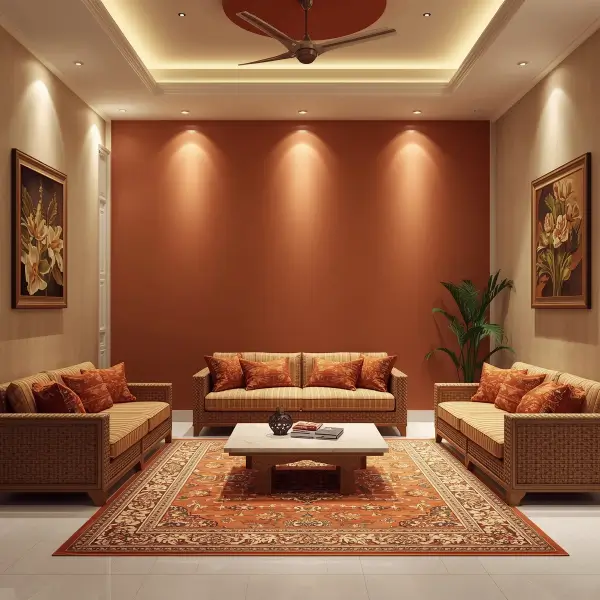 Elegant hall with orange accent wall design, wooden furniture, chandelier lighting, and warm beige interiors