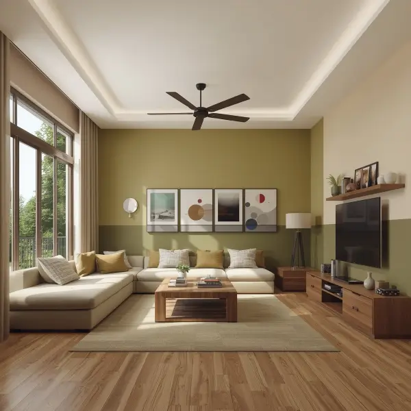 Contemporary living room with green accent wall, beige sofa, and natural lighting creating a warm modern home interior