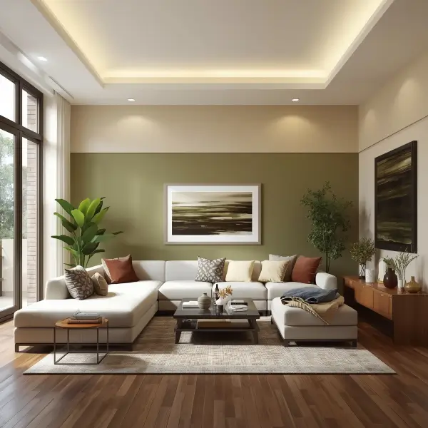 Modern living room with two-tone wall paint design in olive green and beige featuring cozy sofa and wooden flooring